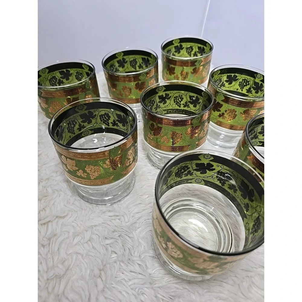 8 Cera Golden Grapes Double Old Fashioned Footed‎ Tumbler Glasses MCM Green Gold